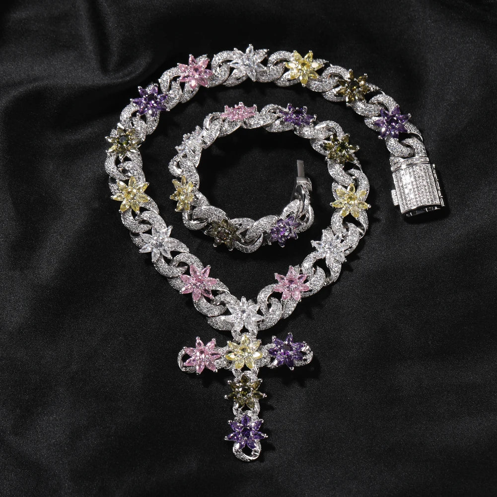 Flower Inifinity Link Chain Cross Pendant Necklace