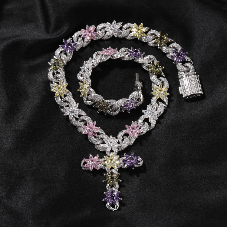 Flower Inifinity Link Chain Cross Pendant Necklace