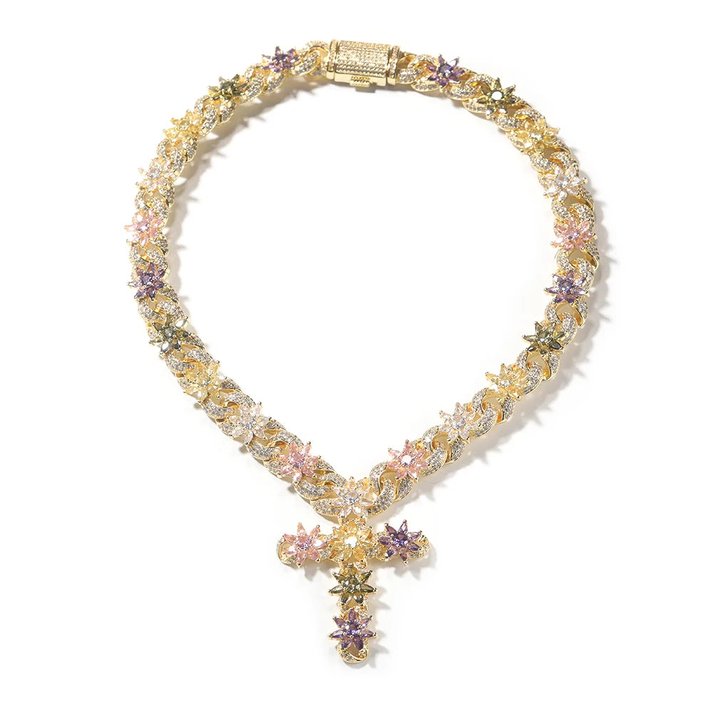 Flower Inifinity Link Chain Cross Pendant Necklace
