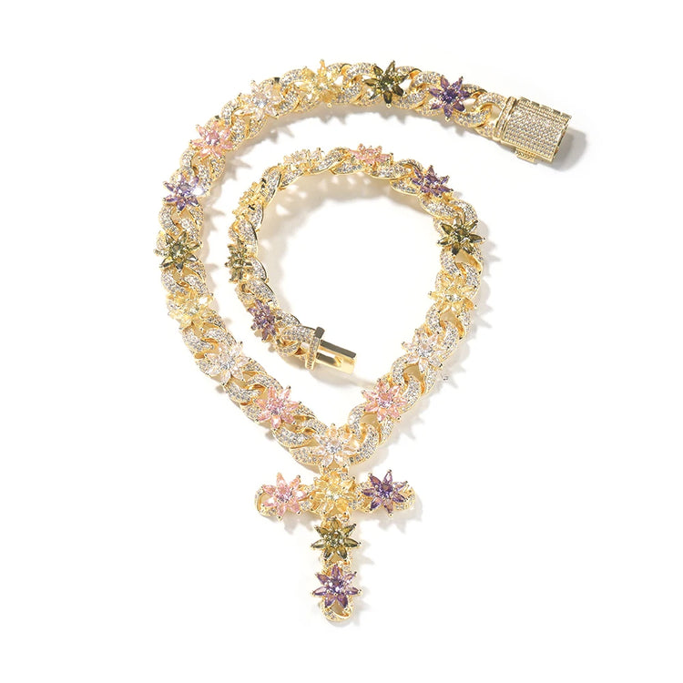Flower Inifinity Link Chain Cross Pendant Necklace