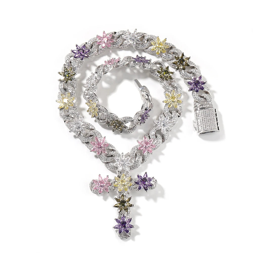 Flower Inifinity Link Chain Cross Pendant Necklace