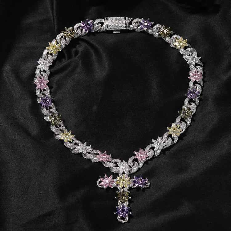 Flower Inifinity Link Chain Cross Pendant Necklace