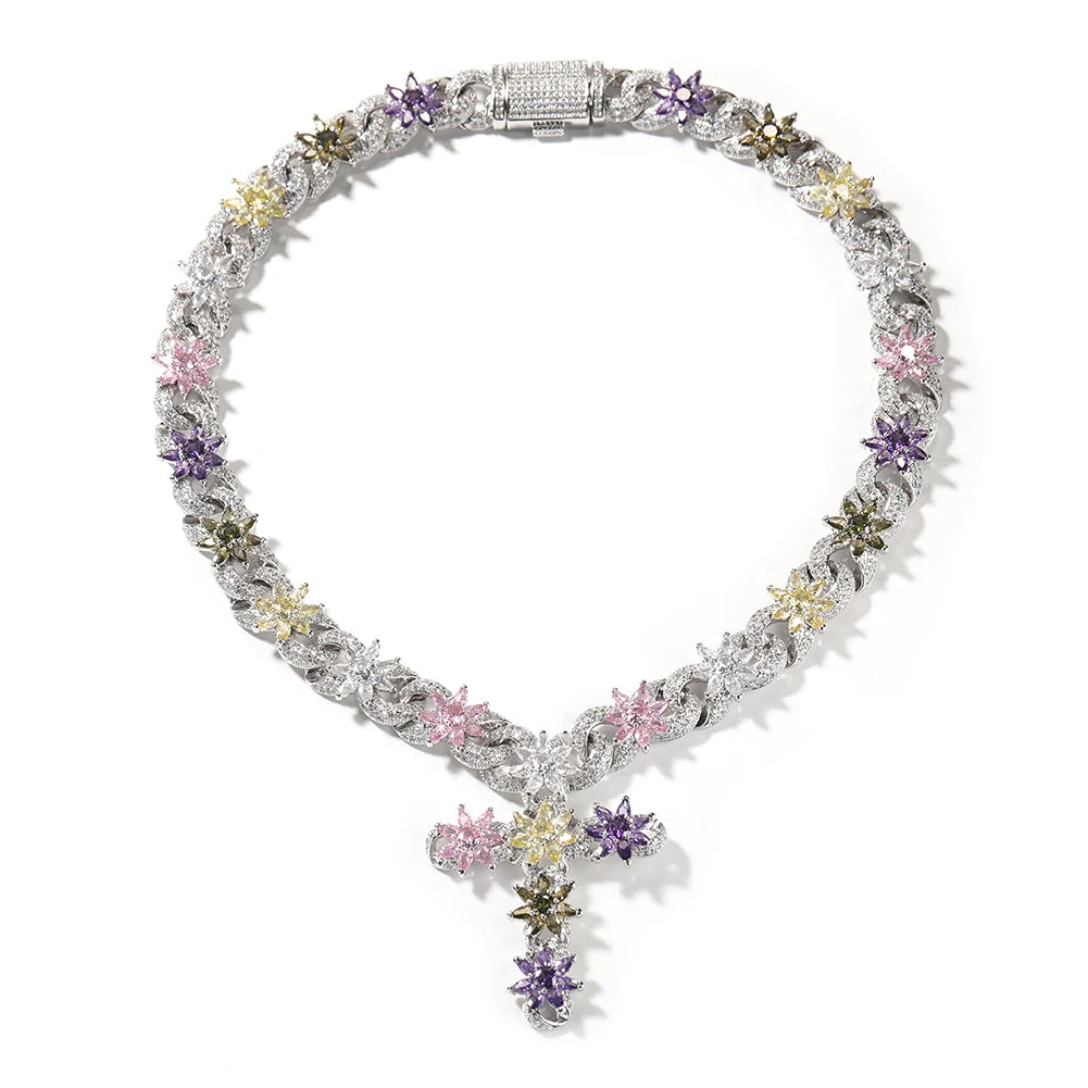 Flower Inifinity Link Chain Cross Pendant Necklace