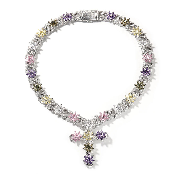 Flower Inifinity Link Chain Cross Pendant Necklace